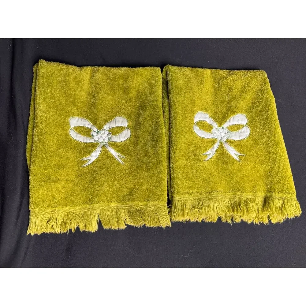 Vintage Fieldcrest Hand Towels Set of 2 Avocado Green Fringe Bow Embroidered 70s